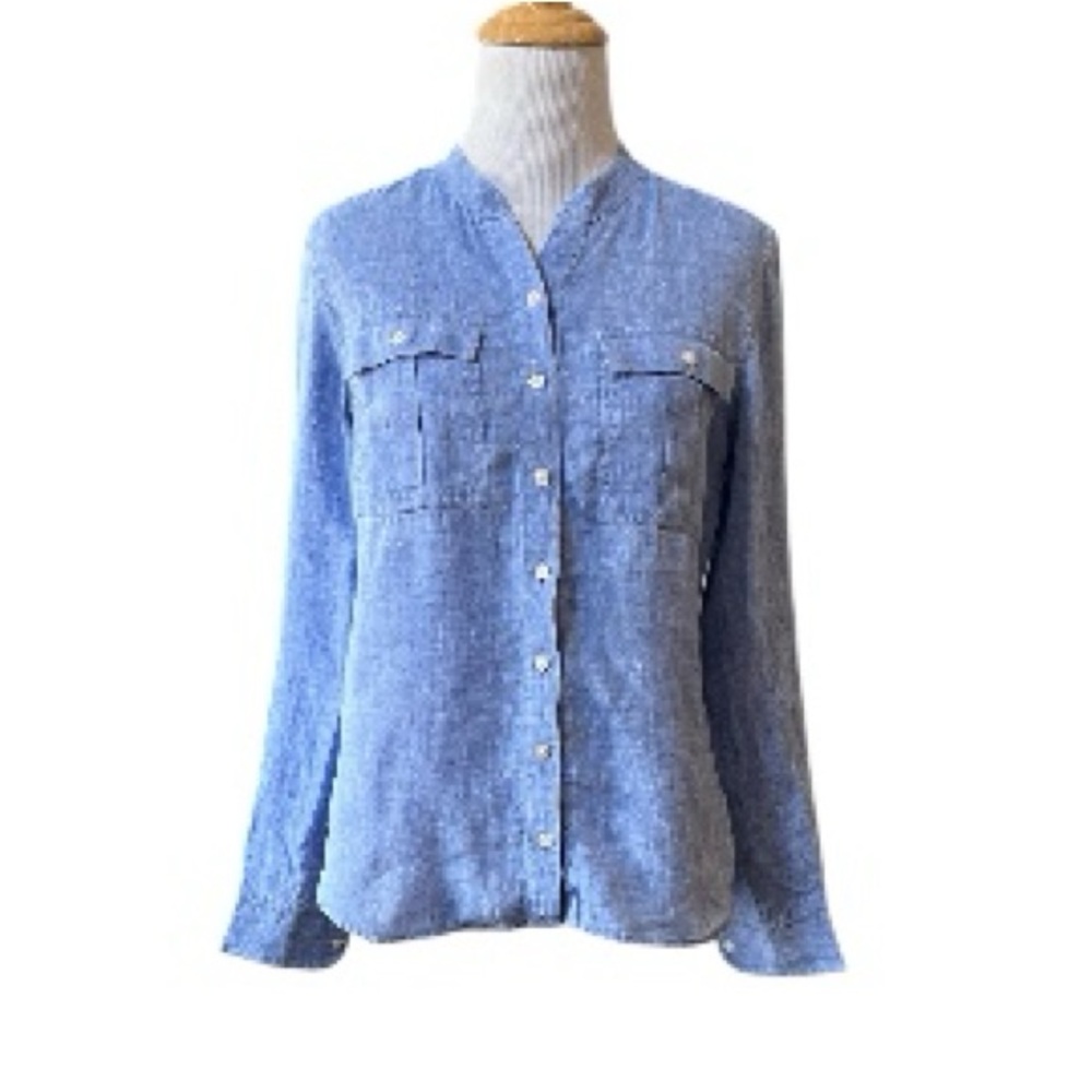 LL BEAN LINEN LONG SLEEVE BUTTON DOWN SHIRT BLUE SIZE XS